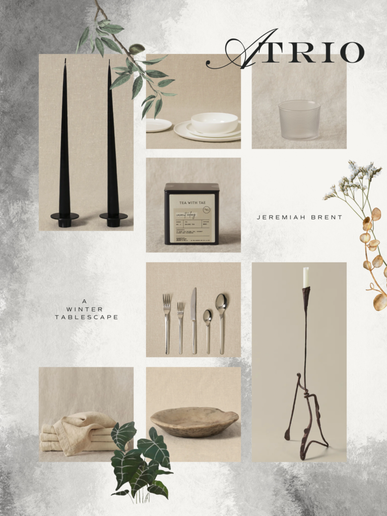 A collage of tableware and decor to inspire a winter dinner part